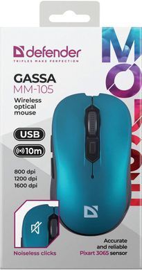Мишка Defender Gassa MM-105, бездротова, 6кн. до 1600 dpi, безшумна, бірюзова (52102) [401344]