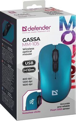 Мишка Defender Gassa MM-105, бездротова, 6кн. до 1600 dpi, безшумна, бірюзова (52102) [401344]