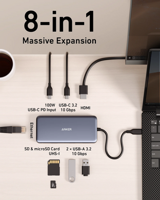 Перехідник Anker PowerExpand 8-in-1 - PD in 100W/HDMI/2xUSB-A/USB-C 10Gbps/LAN/SD Black (A83830A2) [204235]