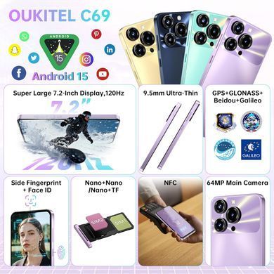 Смартфон Oukitel C69 7.2" HD+ /8GB/256GB/ T606 /6000mAh/ 64+8Мп/ NFC Black (C69_8_256_BK) [405000]