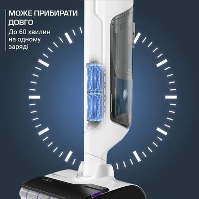 Пилосос Rowenta безпровідний миючий X-Clean 10, 200Вт, конт пил -0.67л, конт для води-0.79л, автон. робота до 60хв, вага-4.15кг, НЕРА, білий (GZ7035WO) [102464]
