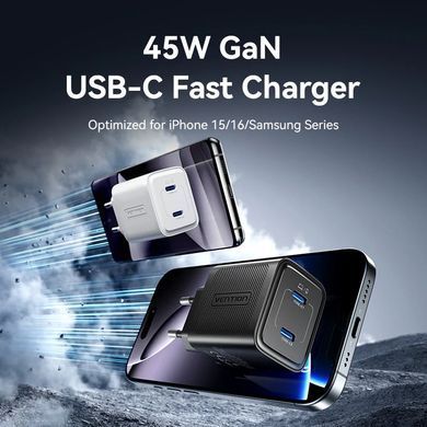 Зарядний пристрій 2xUSB-С 45W GaN білий Vention (FEFW0-EU) [404507]