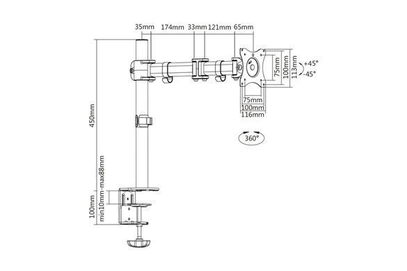 Кріплення DIGITUS Monitor Clamp, 15-27", з нахилом, поворотом (DA-90361) [16998]