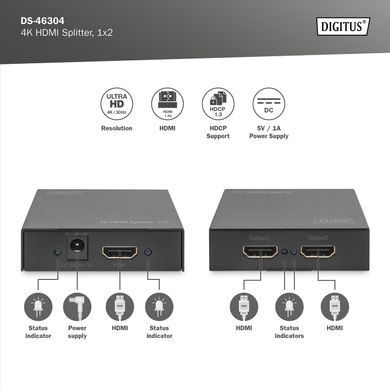 Подовжувач DIGITUS 4K HDMI Splitter, 2-port (DS-46304) [108489]