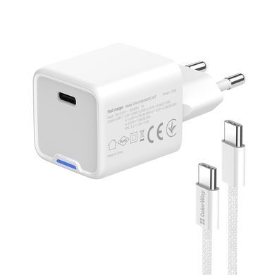 Мережевий зарядний пристрій ColorWay GaN Mini 30W PD Port PPS USB-C White + кабель USB Type-C (CW-CHS054PDC-WT) [607375]
