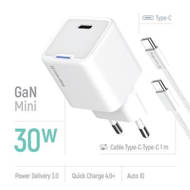Мережевий зарядний пристрій ColorWay GaN Mini 30W PD Port PPS USB-C White + кабель USB Type-C (CW-CHS054PDC-WT) [607375]