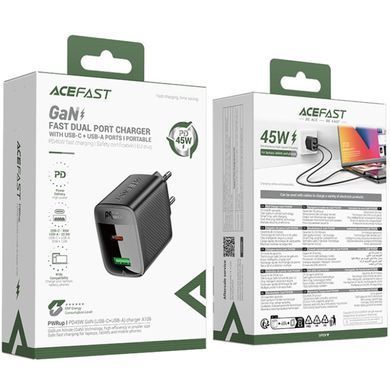 Зарядний пристрій 2xUSB 45W (USB-C+USB-A) Gan A106 Black Acefast (6974316284031) [404516]