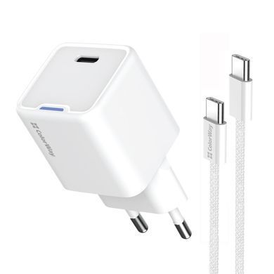 Мережевий зарядний пристрій ColorWay GaN Mini 30W PD Port PPS USB-C White + кабель USB Type-C (CW-CHS054PDC-WT) [607375]
