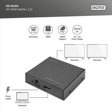 Подовжувач DIGITUS 4K HDMI Splitter, 2-port (DS-46304) [108489]
