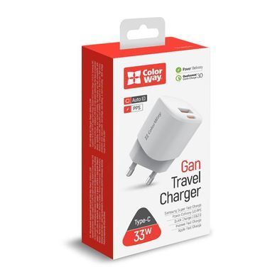 Мережевий зарядний пристрій ColorWay GaN PD Port USB PPS (Type-C PD + USB QC3.0) (33W) White (CW-CHS043PD-WT) [603231]