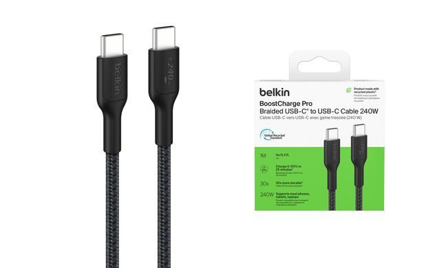 Кабель USB-C > USB-C заряджання/синхронізації Belkin 1м, 240Вт, Type-C, плетений, чорний (CAB025HQ1MBK) [108883]