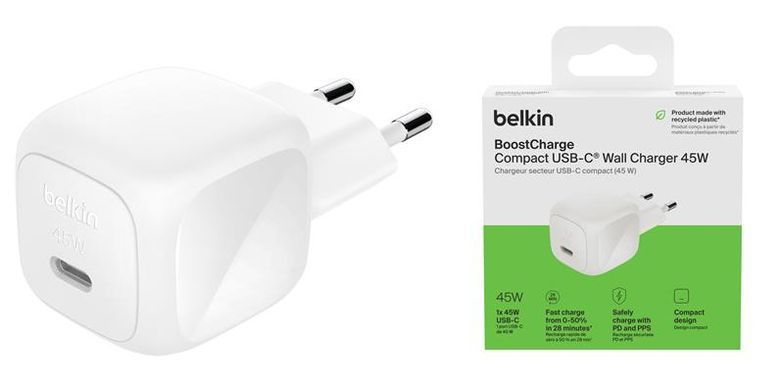 Зарядний пристрій мережевий Belkin 45Вт USB-С PD PPS, білий (WCA013KQWH) [112440]