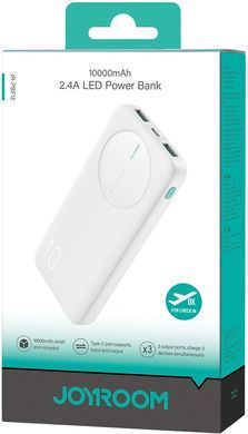 УМБ Joyroom 10000mAh 12W QC, 2xUSB-A, USB-C In/Out White (JR-PBF12) [404520]