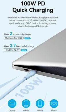 Кабель USB 2.0 Type-C M-M, 1.0 м 100W Light Blue Silicone Vention (TAWSF) [402421]