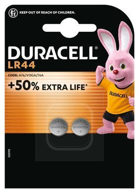 Спеціалізована лужна батарейка типу «таблетка» Duracell LR44 1,5V, (76A / A76 / V13GA), призначена для використання в іграшках, калькуляторах і вимірювальних пристроях, 2 шт. в упаковці (5007795) [203683]