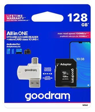 Карта пам`ятi MicroSDXC 128GB UHS-I Class 10 Goodram + SD-adapter + OTG Card reader (M1A4-1280R12) [616897]
