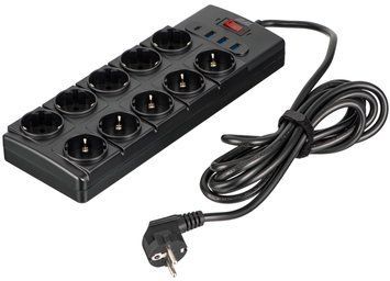 Подовжувач мережевий 2E 3м, 10xТипF, 16A, 3xUSB-A, 1xUSB-C, фільтр, чорний (2E-SP10M3USBBK) [111825]