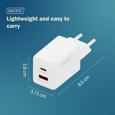 Зарядний пристрій DIGITUS GaN 1хUSB-C, 1хUSB-A, 45W (DA-10302) [114252]