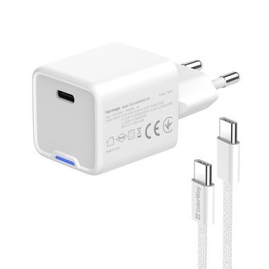 Мережевий зарядний пристрій ColorWay GaN Mini 35W PD Port PPS USB-C White + кабель USB Type-C (CW-CHS056PDC-WT) [603372]