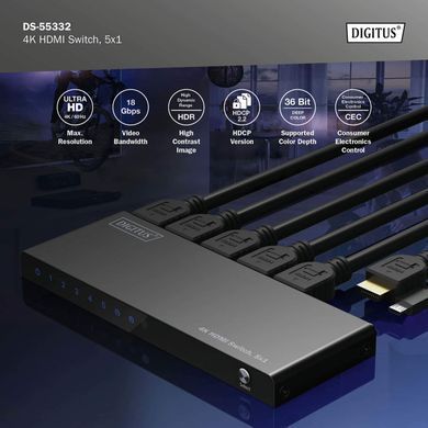 Відеокомутатор DIGITUS UHD HDMI (INx5 - OUTx1), 4K (DS-55332) [111314]