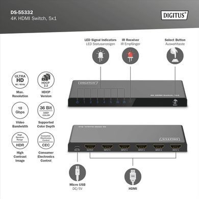 Відеокомутатор DIGITUS UHD HDMI (INx5 - OUTx1), 4K (DS-55332) [111314]