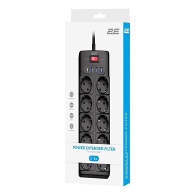 Подовжувач мережевий 2E 3м, 10xТипF, 16A, 3xUSB-A, 1xUSB-C, фільтр, чорний (2E-SP10M3USBBK) [111825]