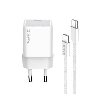 Мережевий зарядний пристрій ColorWay GaN Mini 35W PD Port PPS USB-C White + кабель USB Type-C (CW-CHS056PDC-WT) [603372]