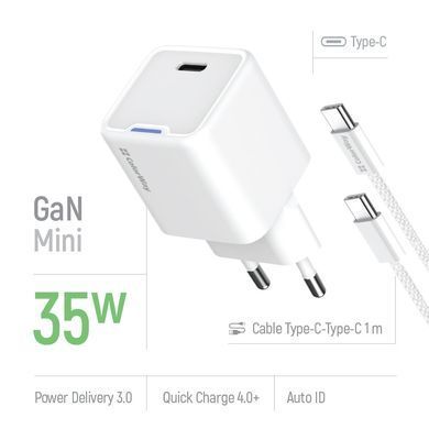 Мережевий зарядний пристрій ColorWay GaN Mini 35W PD Port PPS USB-C White + кабель USB Type-C (CW-CHS056PDC-WT) [603372]