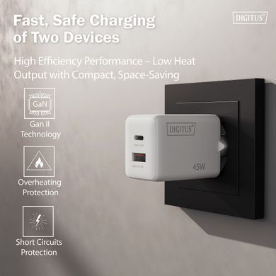 Зарядний пристрій DIGITUS GaN 1хUSB-C, 1хUSB-A, 45W (DA-10302) [114252]