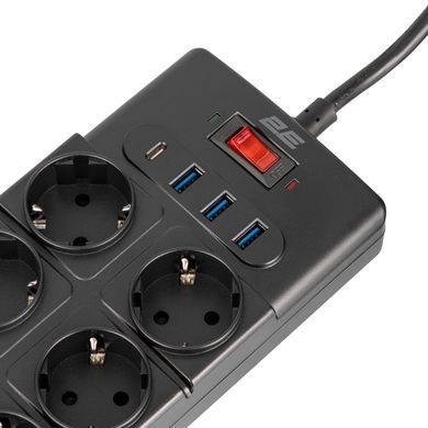 Подовжувач мережевий 2E 3м, 10xТипF, 16A, 3xUSB-A, 1xUSB-C, фільтр, чорний (2E-SP10M3USBBK) [111825]