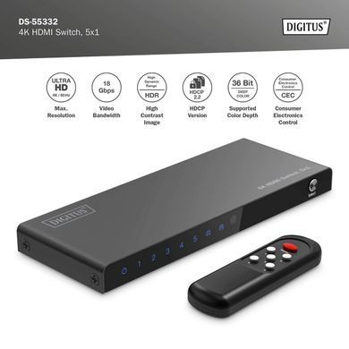 Відеокомутатор DIGITUS UHD HDMI (INx5 - OUTx1), 4K (DS-55332) [111314]