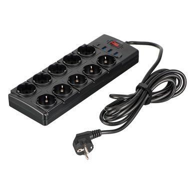 Подовжувач мережевий 2E 3м, 10xТипF, 16A, 3xUSB-A, 1xUSB-C, фільтр, чорний (2E-SP10M3USBBK) [111825]