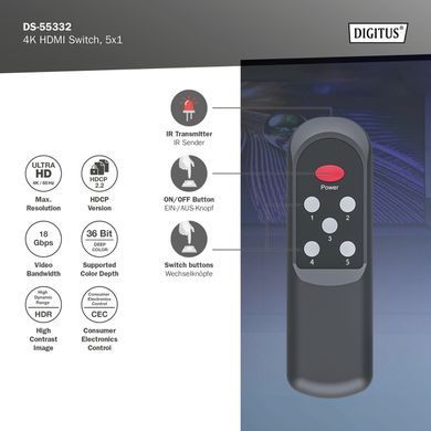 Відеокомутатор DIGITUS UHD HDMI (INx5 - OUTx1), 4K (DS-55332) [111314]