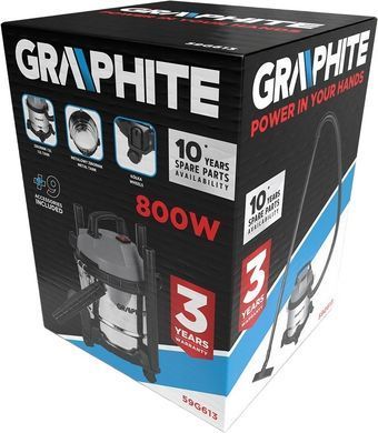 Пилосос професійний GRAPHITE 800Вт 12кПа контейнер 12л колеса (59G613) [105707]