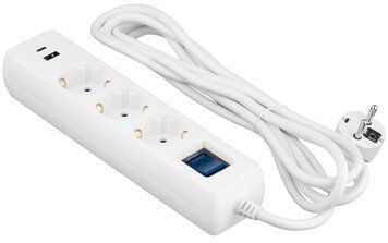 Подовжувач мережевий 2E 3м, 3xТипF, 16A, 1xUSB-A,1xUSB-C, фільтр, білий (2E-SP315M3USBWH) [110620]