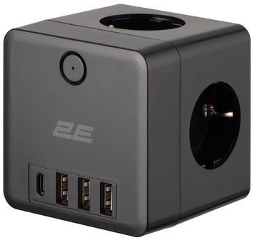 Адаптер мережевий 2E 3xТипF, 16A, 2xUSB-A, 1x USB-C фільтр, чорний (2E-AD431BK) [111826]