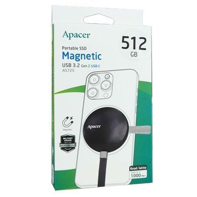 Портативний SSD Apacer Magnetic AS725 512 GB USB 3.2 Gen.2 Type-C MagSafe Black (AP512GAS725B-1) [803639]