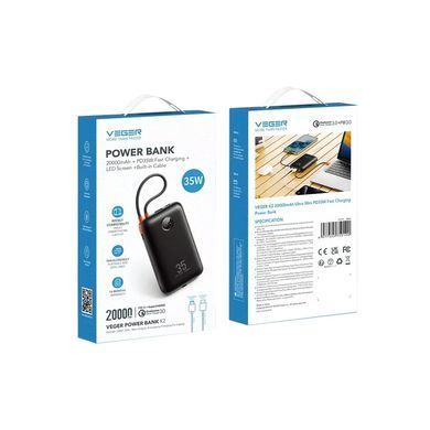Зовнішній акумулятор VEGER 20000 mAh with built-in cables Type C / Lightning PD QC3.0 35W K2 (W2068) black (VG-W2068) [806188]