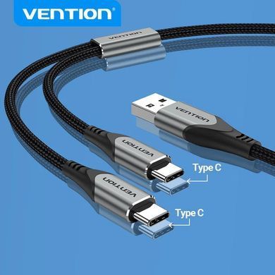 Кабель USB 2.0 AM - 2хType-C M, 1.0 м Y-Splitter Charging Cable 2.4А 480Mbps Aluminum Alloy Vention (CQOHF) [404572]