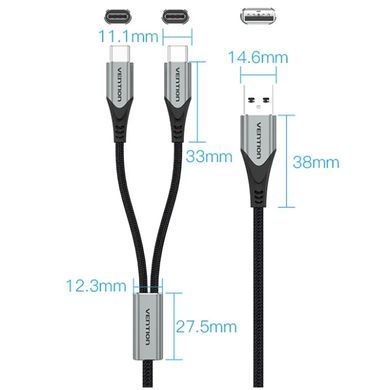 Кабель USB 2.0 AM - 2хType-C M, 1.0 м Y-Splitter Charging Cable 2.4А 480Mbps Aluminum Alloy Vention (CQOHF) [404572]