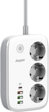 Мережевий фільтр Power filtr 2.0м Energizer 3 розетки, 3xUSB-А, USB-C 30W PD, App control, 2500W білий (EPB2500W02EU) [406422]
