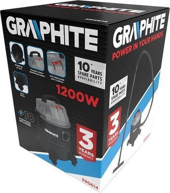 Пилосос професійний GRAPHITE 1200Вт 18кПа контейнер 20л колеса (59G614) [105708]