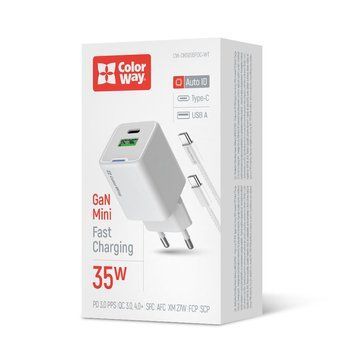Мережевий зарядний пристрій ColorWay GaN Mini 35W PD Port PPS USB (Type-C PD + USB QC4.0) White + кабель USB Type-C (CW-CHS055PDC-WT) [603367]