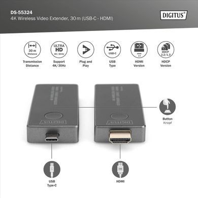 Бездротовий подовжувач DIGITUS USB-C > HDMI, 4K UHD, 30 м (DS-55324) [114254]