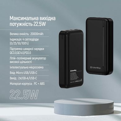 Універсальна мобільна батарея ColorWay Portable Charger 20000mAh Black (CW-PB200LPB4BK-PD) [603504]