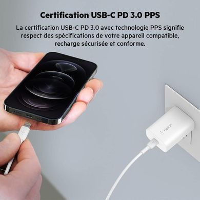 Зарядний пристрій мережевий Belkin 25Вт USB-С PD PPS, кабель USB-С > Lightning, 1м, PVC, білий (WCA004VF1MWH-B5) [108397]