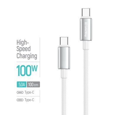 Кабель ColorWay USB Type-C - USB Type-C (M/M), zinc alloy braided, 5А, 1 м, White (CW-CBPDCC098-WT) [619964]