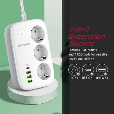 Мережевий фільтр Power filtr 2.0м Energizer 3 розетки, 3xUSB-А, USB-C 30W PD, App control, 2500W білий (EPB2500W02EU) [406422]