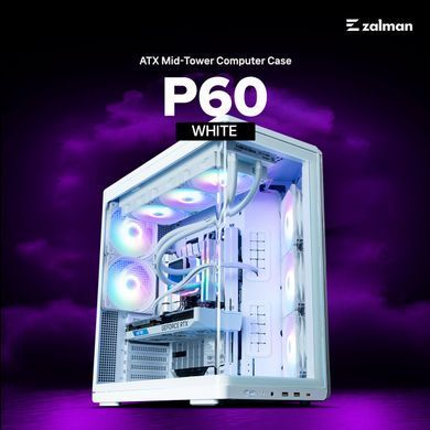 Корпус Zalman P60 без БЖ, 2xUSB3.0, 1x Type C, 3x120мм ARGB Reverse, 2x120мм ARGB, VGA 435мм, LCS ready, Curved Tempered Glass, Dual Chamber, ATX, білий (P60WHITE) [112538]