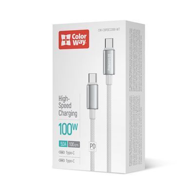 Кабель ColorWay USB Type-C - USB Type-C (M/M), zinc alloy braided, 5А, 1 м, White (CW-CBPDCC098-WT) [619964]